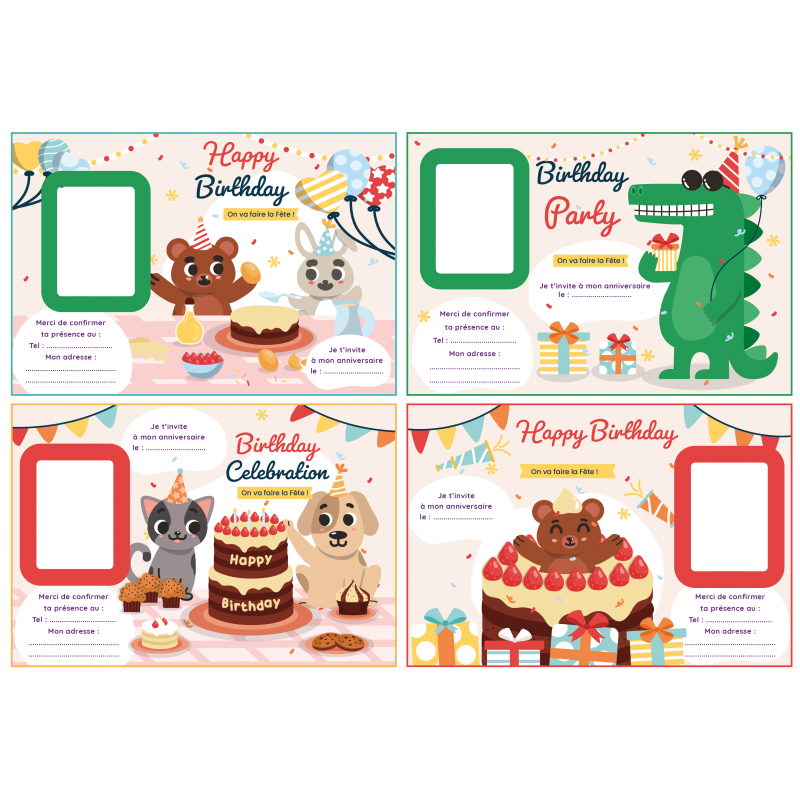 4 Cartes d'Anniversaire Maternelle 10x15 cm